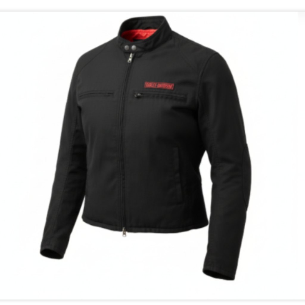Harley-Davidson Black Canvas Jacket Flames Logo Size Large Zip Pockets